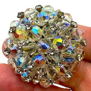 VINTAGE Aurora Borealis Rhinestone Beaded Silver Tone Round Brooch